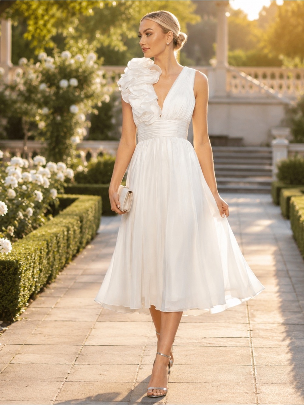 Mac Duggal White Rosette Chiffon Cocktail Dress Tea Length NWT Style 70165